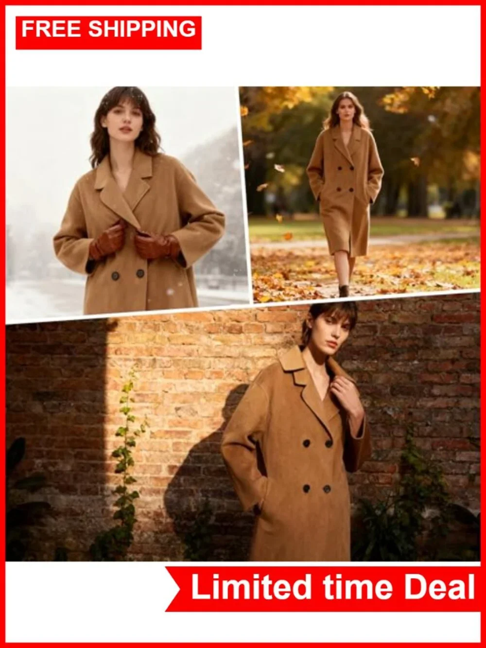 Wool Blend Long Coat Double Breasted Midi Peacoat Trench Coat